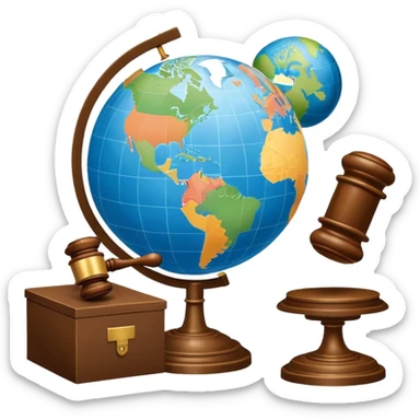 An icon featuring a globe with a gavel and a political map, symbolizing political science. The design includes a ballot box and a podium, representing democracy and governance. Transparent background highlights the study of political systems and global relations. sticker