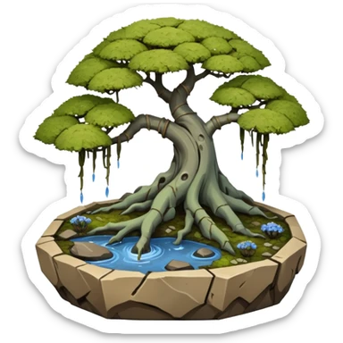 Bare Alien landscape mudman very old broken cracked intricate Stone Age rocky-crusted irregular dodecagon-shaped shallow dark moss rough bark blue weeping willow flowered maple tree bonsai pot sticker