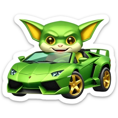 green lambo car with gremlin driving with a smile sticker