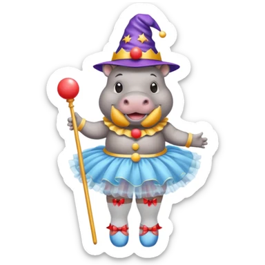 Hippo with a clown nose, a wizard hat, a ballerina tutu, a bikini, sandels and white socks  sticker