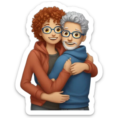 a girl with red curly hair and blue glasses hugging a boy with gray hair sticker
