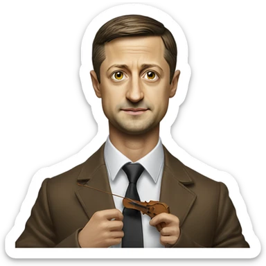 Hyper realistic Vladimir Zelensky pulls the strings  of a wooden doll sticker