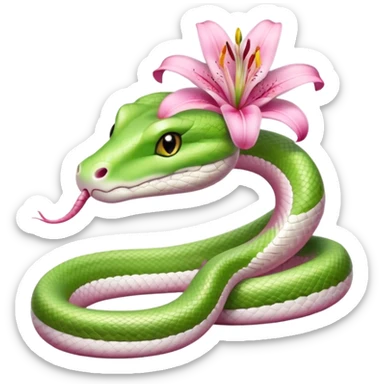 A cute light green and white snake with a pink lily flower on its head. sticker