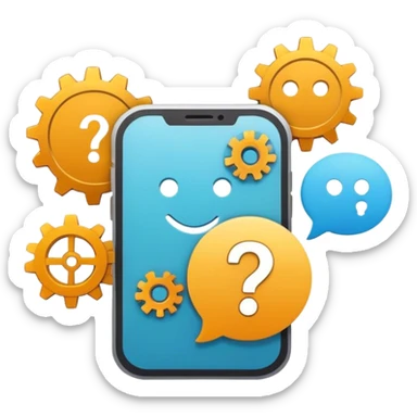 An icon representing customer support without people. The image should include a phone symbol, chat bubble, gears or tools, and a question mark symbol, all in a clean, minimalist style with soft colors sticker