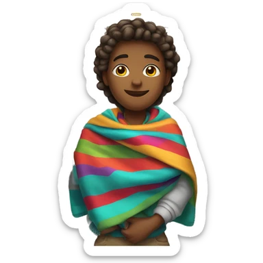 student at school with a colorful blanket wrapped around shoulders standing by locker sticker