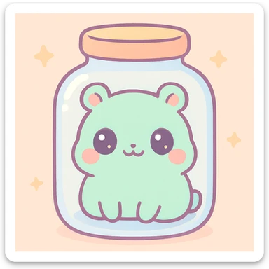 a cute animal inside a glass jar, cartoon style, kawaii, colorful, soft lines sticker