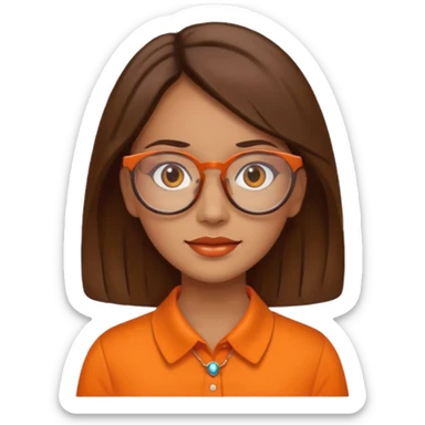 hispanic woman with  brown hair,  orange sectacles and orange blouse  with a collar sticker