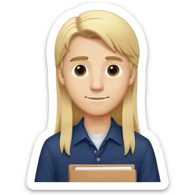Guy with long straight blonde hair and navy button up holding a school packet sticker