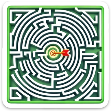 An icon showing an aerial view of a maze, with winding paths and dead ends, symbolizing indoor and city-based escape rooms. A glowing arrow points the way forward, representing the challenge of solving puzzles and finding the exit. .transparent background. sticker