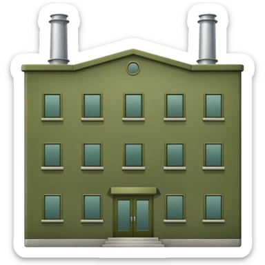 industrial factory building, military olive green color, large windows, industrial doors, no smoke, visually appealing, no weapons, no vehicles, not a house sticker