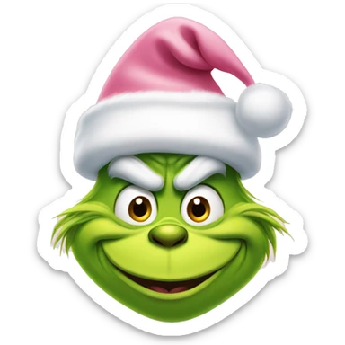 grinch face with a big grin wearing a light pink santa hat sticker