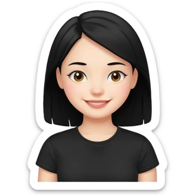 a pretty bratz fair girl with straight black hair, wearing a black tshirt, smiling sticker