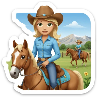 one blonde with light blue green eyes cowgirl on a quarter horse sticker
