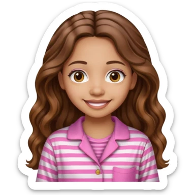 lightskin girl  pink and white striped pajama shirt shirt and long wavy brown brown hair  sticker
