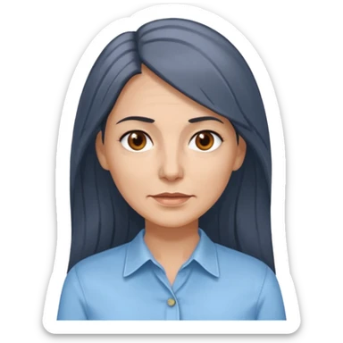 vit 50-årig kvinna med grå slingor i jättelångt mörkbrunt hår bruna ögon ljusblå skjorta med översta knappen uppknäppt sticker