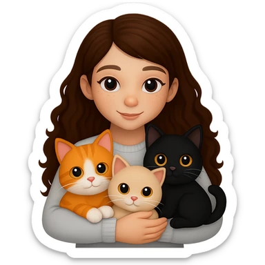 Change the girl's hair color to brown and have her hug three cats, each a different color, in the style of apple emojis. Remove the background. sticker