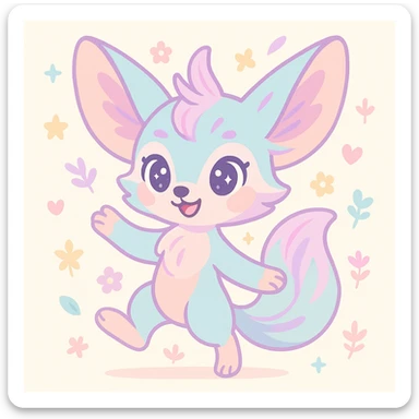female anthropomorphic fennec fox, unique style blending kawaii and magical elegance, blue and pastel pink fur with fairy mauve highlights, large eyes shining with humor and softness, dynamic and benevolent posture, subtle motifs of stars, flowers, hearts or feathers, embodying hope, harmony, freedom, peace, mutual aid, acceptance, self-confidence, paused version sticker