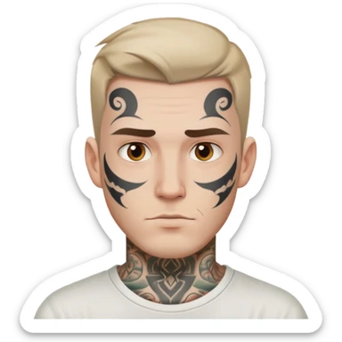 white man with face tattoo, neutral expression, wearing a white t-shirt sticker
