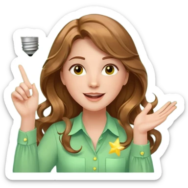 Joyful and imaginative woman with fair skin, long wavy light brown hair, hazel eyes, wearing a light green blouse with yellow accents, holding a glowing lightbulb and gesturing outward. Surrounded by stars, sparkles, speech bubbles, a paper plane, and a small heart. Waist-up, front-facing sticker