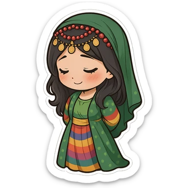 Cartoon sticker of a Kurdish woman wearing traditional colorful and cheerful Kurdish female clothing, face showing a shy expression, hands behind the waist, looking down, no shadow or color halo around the image, no text, suitable for WhatsApp and Instagram, with a completely transparent background. sticker