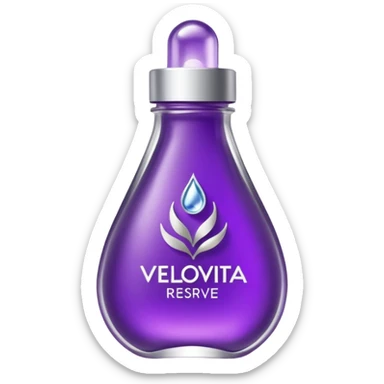 premium modern emoji of VELOVITA RESERVE: small purple wellness shot pouch with silver accents and droplet logo, antioxidant health supplement, sleek high-end look sticker