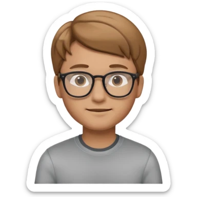 iOS-style emoji of a young man with light brown hair, glasses, casual outfit, friendly expression, memoji style sticker