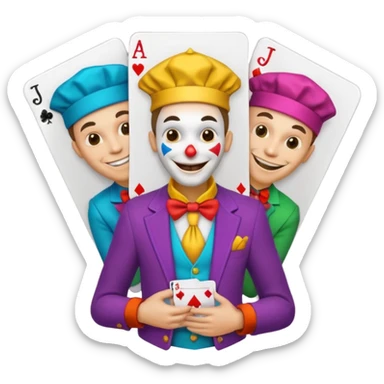 3 poker cards, with crazy colorful human jolly jokers inside, face and torso only sticker