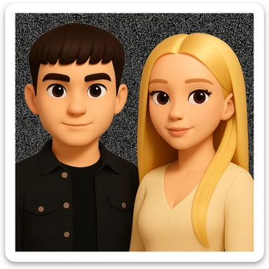 Slightly increase the volume of the upper body of the girl, significantly spread them apart from each other, make the skin color the same for both characters, keep the cartoon style as in the reference image. sticker