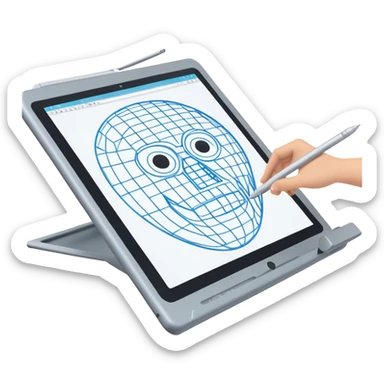 Create an emoji for 3D visualization and modeling. Show wireframe model that pops out from the screen of a large graphic tablet with a stylus drawing in a 3D modeling program. Use modern, professional colors. Do not include any emojis or smiley faces. Make the background transparent. sticker