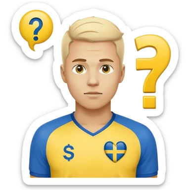 Swedish male soccer player with question mark on the right corner with yellow and blue clothes and with the Swedish flag on the chest and with a question mar outside the emoji sticker