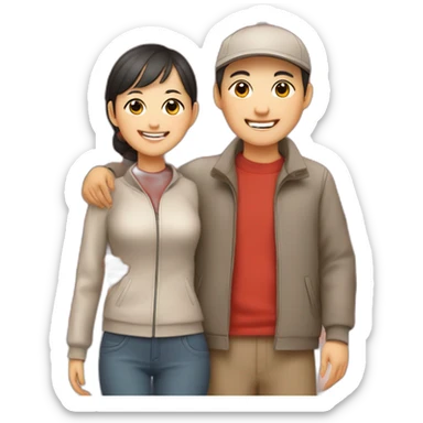 Happy skinny Chinese parents with caps. Standing in a park in front of an red autumn tree sticker