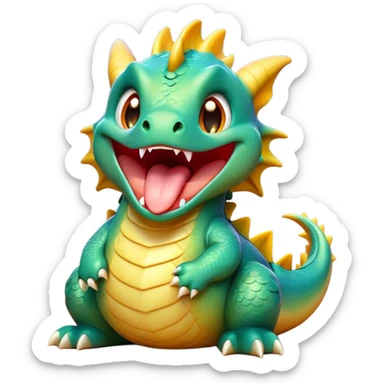 Cinematic Cute Yawning Dragon Portrait Emoji, Head tilted slightly with a dramatic, wide-open yawn, showcasing a soft, lustrous scaled body with gently drooping fins and half-closed, drowsy eyes, Simplified yet irresistibly adorable features, highly detailed, glowing with a soft, cozy mythical glow, high shine, relaxed yet expressive, stylized with a dash of fantastical charm, soft glowing outline, capturing the essence of a sleepy yet affectionate dragon that seems ready to stretch out and rest in its enchanted lair! sticker