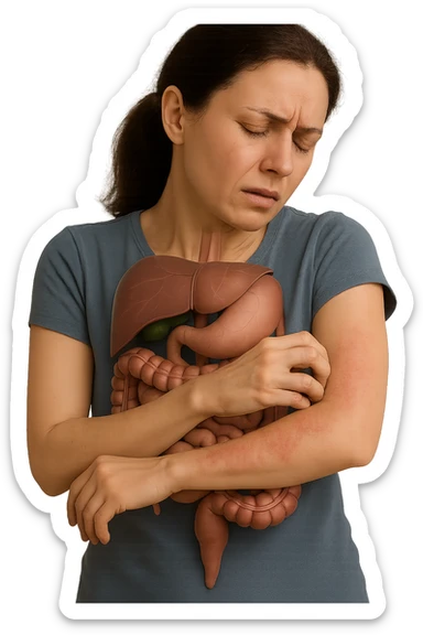 donna con intestino umano anatomico realistico che si gratta il braccio su cui ha un'eritema, iperrealistica 4k sticker