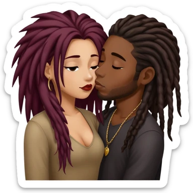 Dark Wine colored hair Latina long hair, kissing young black guy with dreads sticker