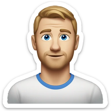 A head and shoulders shot of a 32 year old White man, with short brown hair,   with blue eyes wearing a t-shirt. sticker