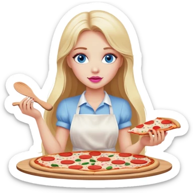 Cinematic realistic beautiful blonde with long hair, blue eyes and pink lips in a white dress cooks pizza sticker