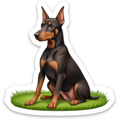 Close-up of a Doberman Pinscher sitting on lush green grass, looking alert and majestic. The background features a beautiful, serene nature view with rolling hills and bright blue skies. The dog’s sleek black and tan coat shines under the sun. Transparent background. sticker