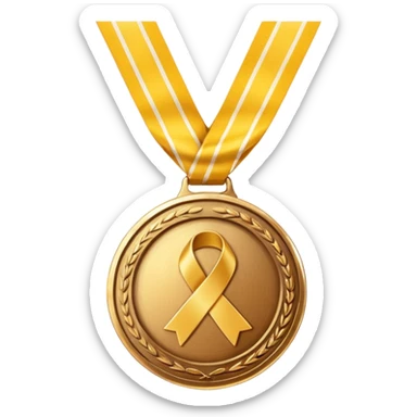 A golden medal with a glossy finish, featuring a central gold awareness ribbon symbol sticker