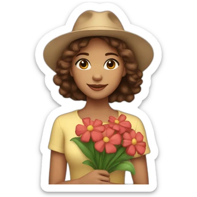 Light skin, Girl with a hat, brown hair straight to the shoulders, holding a bouquet of flowers sticker