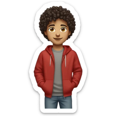 Boy, dark curly hair, brown eyes, red sweatshirt Nike sticker