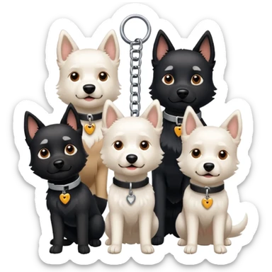 Four white dogs hanging a black dog with a collar sticker