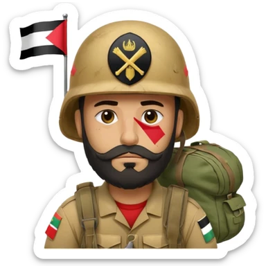A tired and sad, swarthy Iraqi soldier with a beard, an Iraqi flag on his helmet, a sad expression and bags under his eyes sticker