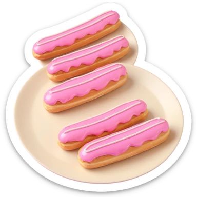 3D iOS-style illustration of three eclairs with pink glaze and cream on a plate, metallic effect, no background. sticker