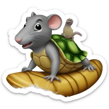A rat riding a turtle while on a wave on the beach  sticker