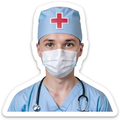 A simple and clean bust of a male surgeon wearing light blue surgical scrubs and a matching surgical cap. A minimalistic white mask covers his mouth and nose, leaving only his focused eyes visible. A small red cross emblem is subtly placed on his chest. A thin, smooth stethoscope drapes around his neck. His expression is calm and professional, reflecting precision and expertise. Behind him, a faint, abstract medical symbol (such as a heartbeat line or a surgical scalpel icon) subtly reinforces the surgical theme. The overall style is modern, sleek, and minimalistic, using smooth lines and soft shading. sticker