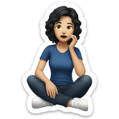 white woman with black hair, dark blue shirt and jeans, white sneakers, lying on the floor with her hands on her face sticker