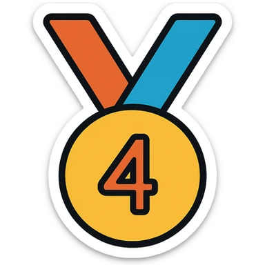 Add gold, bronze, and blue colors to the medal for 4th place with ribbon, keep the number 4 visible, icon style, no background. sticker