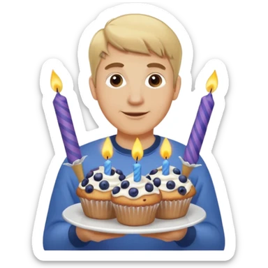 It is my friend virginias birthday. Create emoji with me saying happy birthday Virginia while holding blueberry muffins with birthday candles in them! I am a white man make the emoji with dirty blonde hair. Have a banner that says happy birthday  sticker