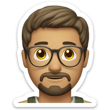 young white man with short dark straight hair and small beard with rounded gold glasses sticker