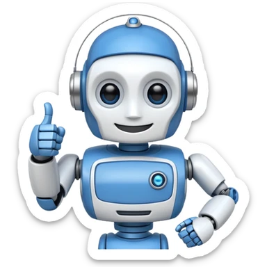 A blue and white robot smiling and winking with one eye, making a thumbs-up sign with one hand. sticker